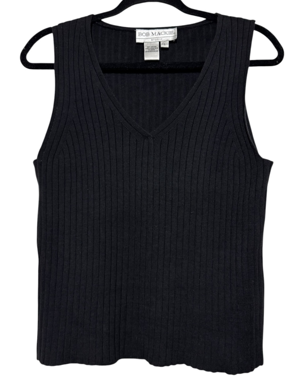 Bob Mackie 100% Cotton Sweater Vest Size Large Ribbed V-neck Black Academia